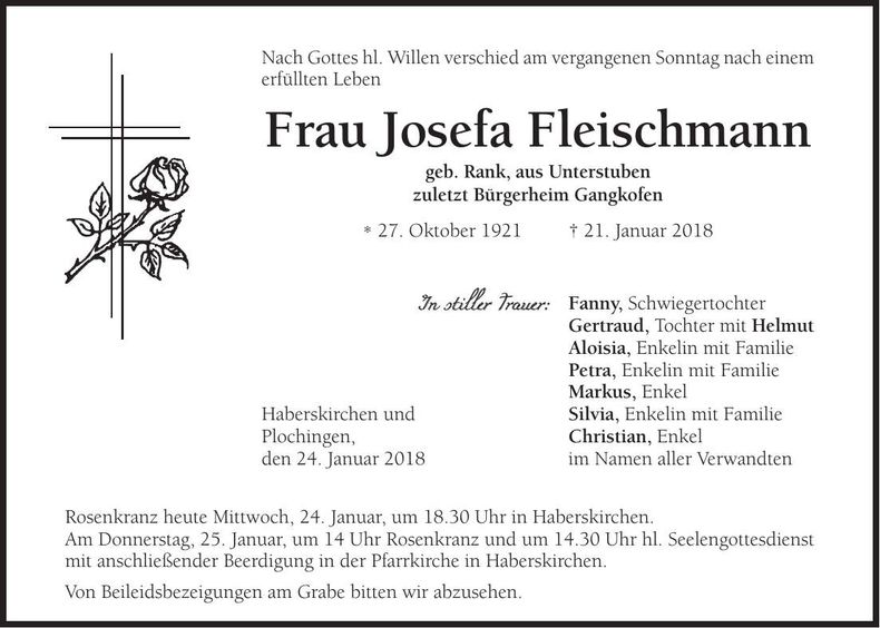 Traueranzeige Josefa Fleischmann