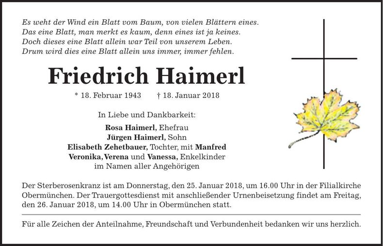 Traueranzeige Friedrich Haimerl