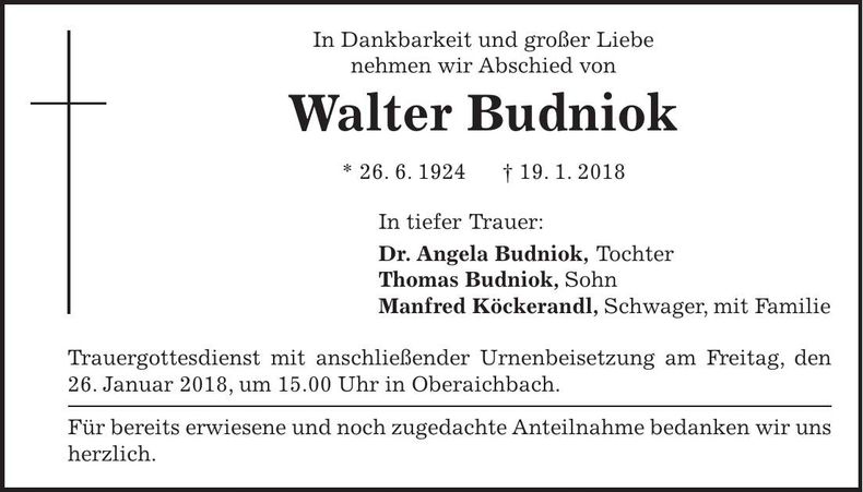 Traueranzeige Walter Budniok