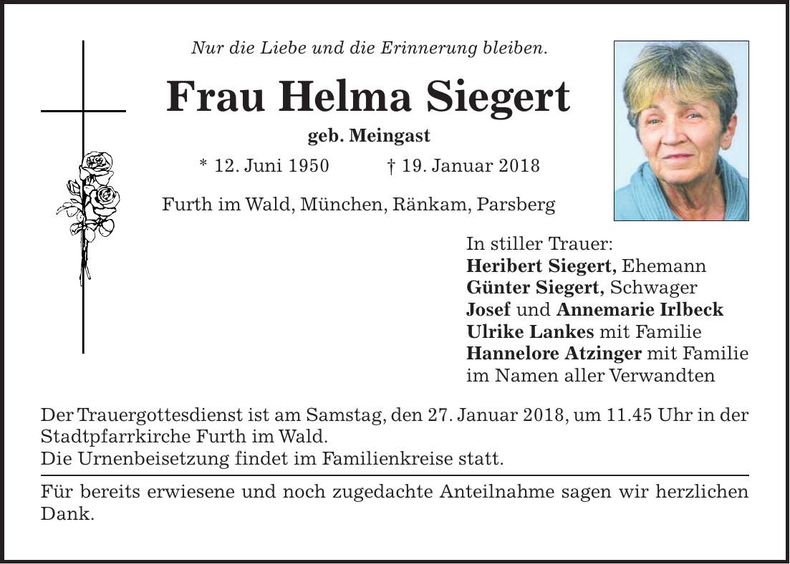 Traueranzeige Helma Siegert