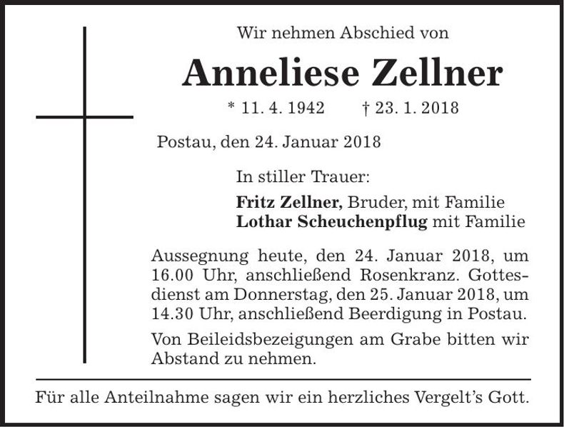 Traueranzeige Anneliese Zellner