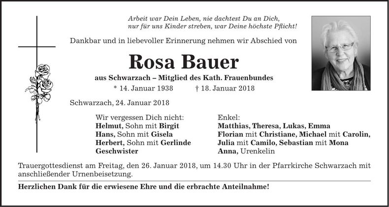 Traueranzeige Rosa Bauer