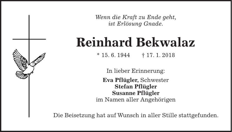 Traueranzeige Reinhard Bekwalaz