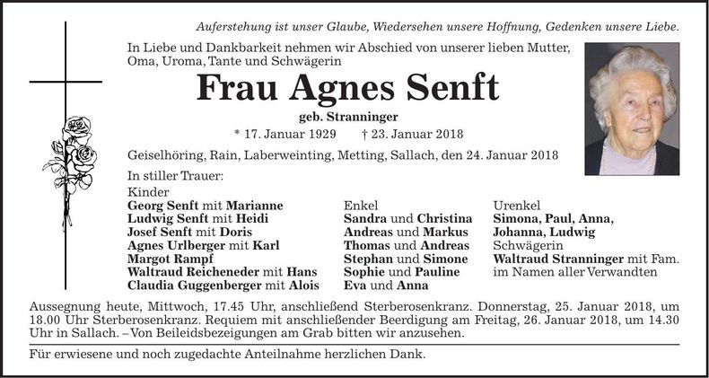 Traueranzeige Agnes Senft