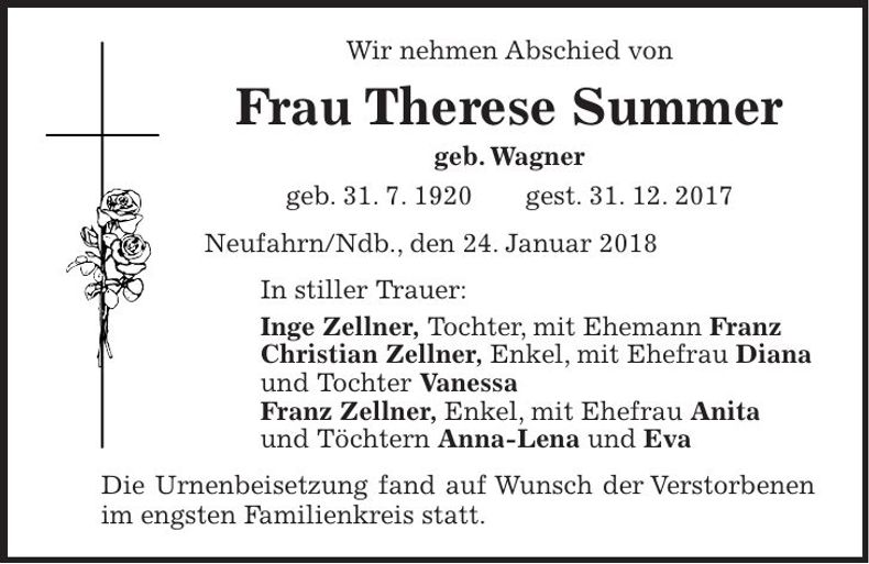 Traueranzeige Therese Zellner