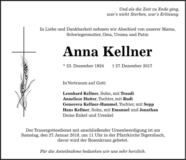 Traueranzeige Anna Kellner