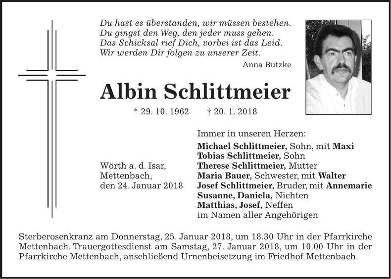 Traueranzeige Albin Schlittmeier