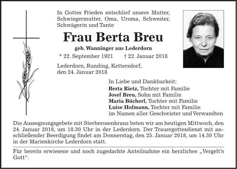 Traueranzeige Berta Breu