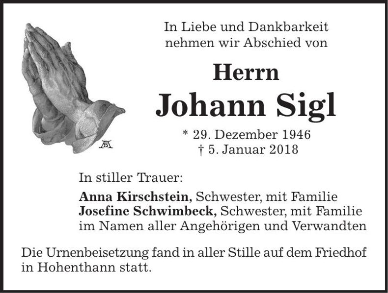 Traueranzeige Johann Sigl