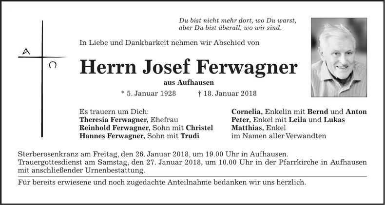 Traueranzeige Josef Ferwanger