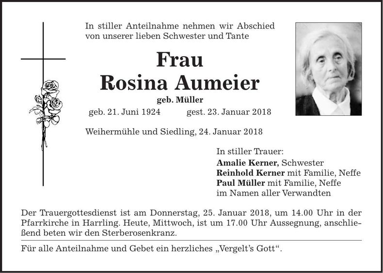 Traueranzeige Rosina Aumeier