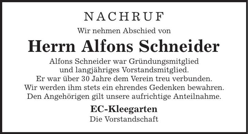 Traueranzeige Alfons Schneider