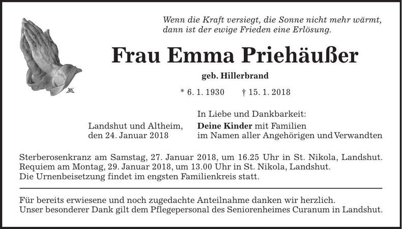 Traueranzeige Emma Priehäußer