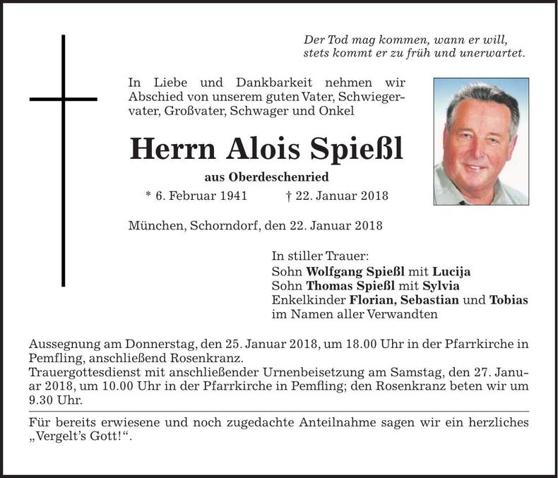 Traueranzeige Alois Spießl