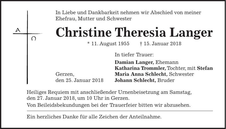 Traueranzeige Christine Theresia Langer