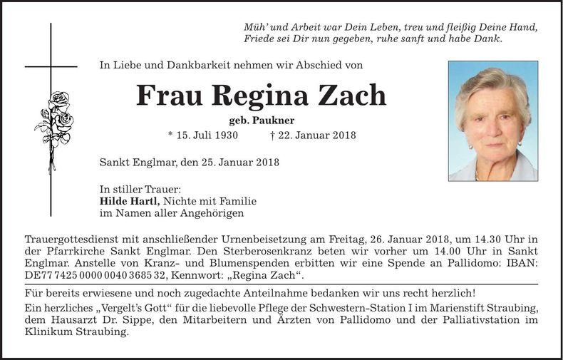 Traueranzeige Regina Zach