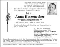 Traueranzeige Anna Hetzenecker