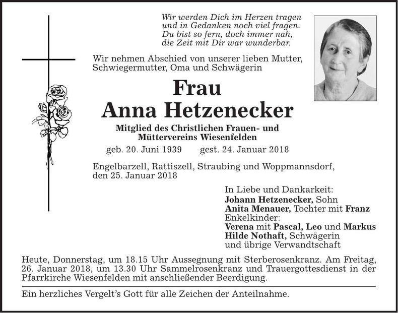 Traueranzeige Anna Hetzenecker