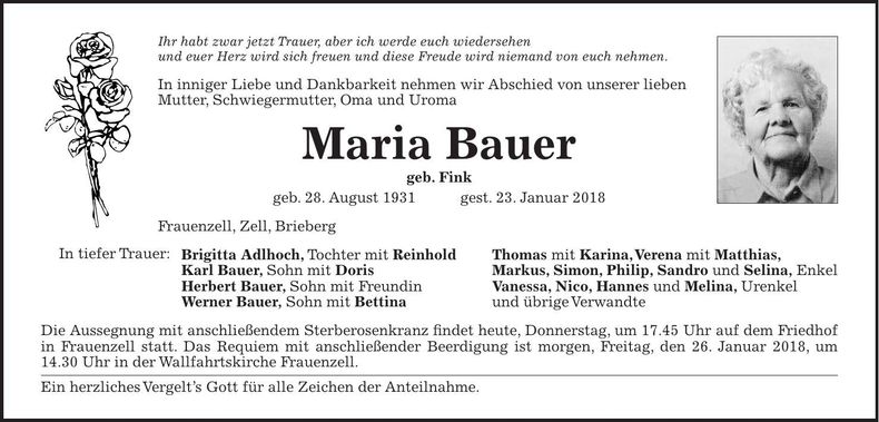 Traueranzeige Maria Bauer