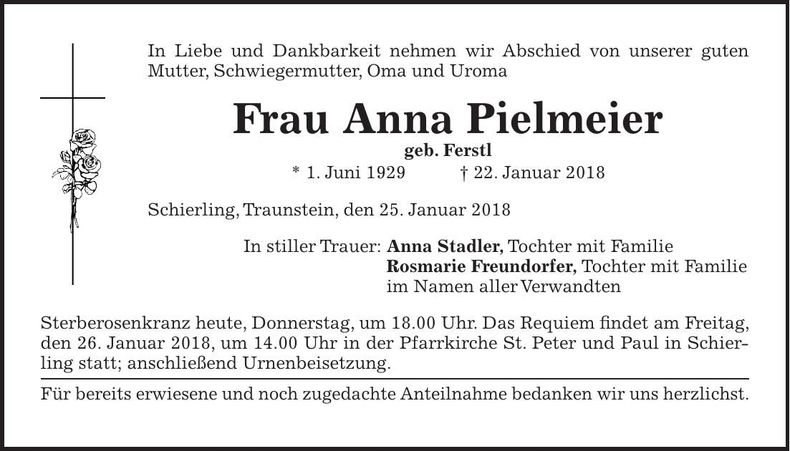Traueranzeige Anna Pielmeier