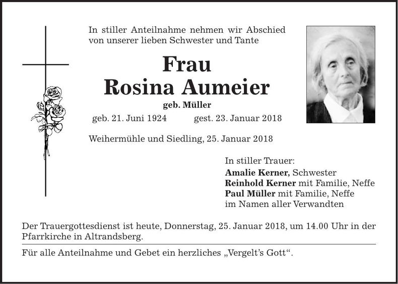 Traueranzeige Rosina Aumeier
