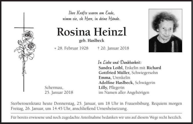 Traueranzeige Rosina Heinzl