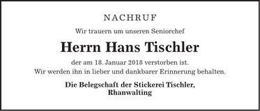 Traueranzeige Hans Tischler
