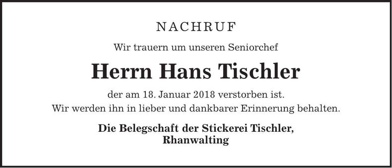 Traueranzeige Hans Tischler