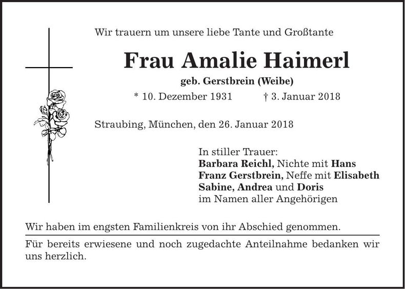 Traueranzeige Amalie Haimerl