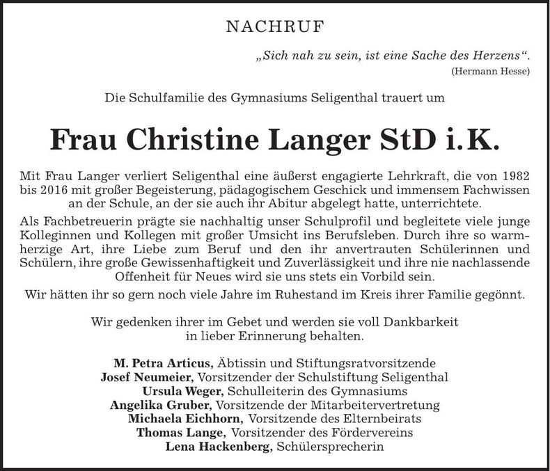 Traueranzeige Christine Langer