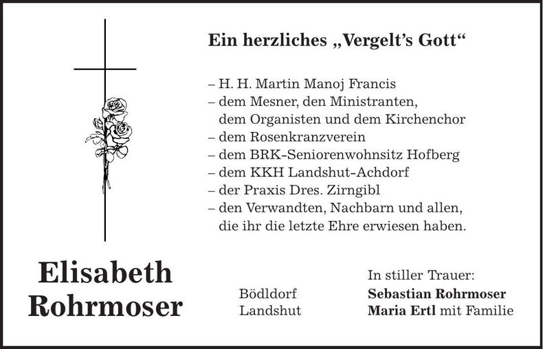 Traueranzeige Elisabeth Rohrmoser