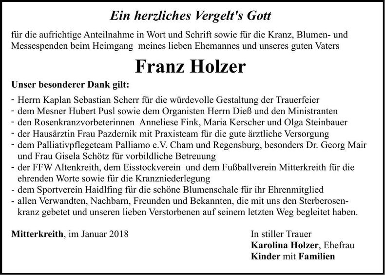 Traueranzeige Franz Holzer