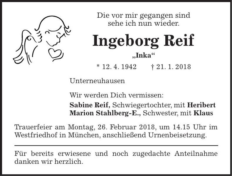 Traueranzeige Ingeborg Reif