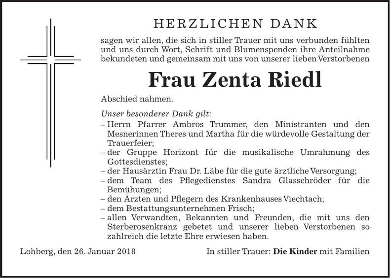 Traueranzeige Zenta Riedl