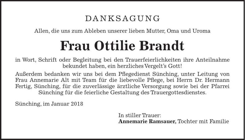 Traueranzeige Ottilie Brandt