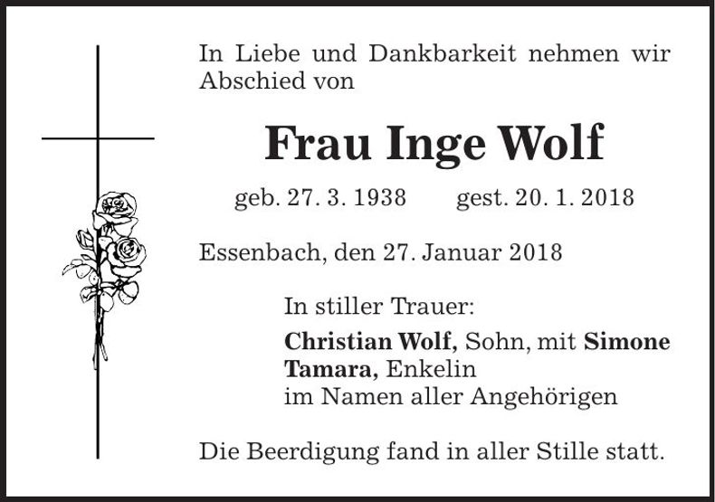 Traueranzeige Inge Wolf