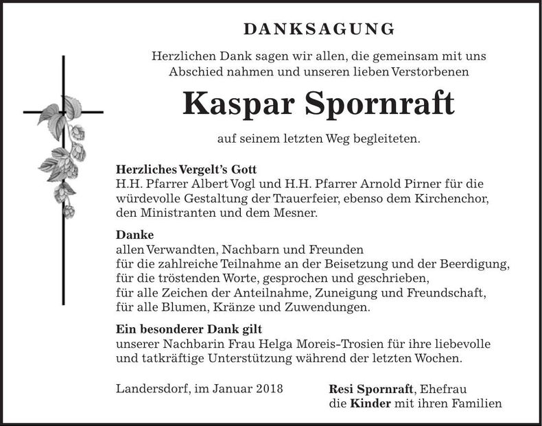 Traueranzeige Karspar Spornraft