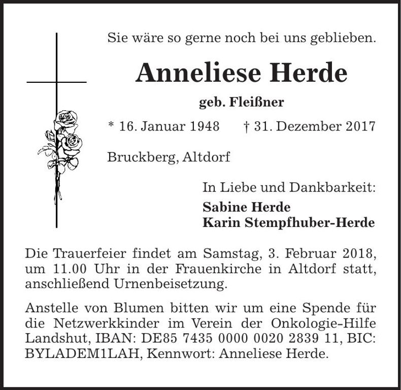 Traueranzeige Anneliese Herde