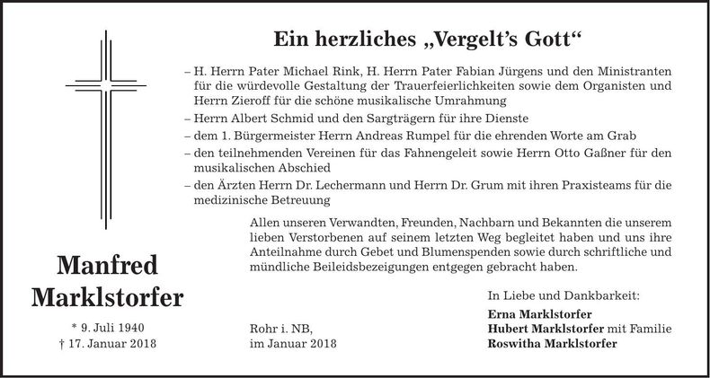 Traueranzeige Manfred Marklstorfer