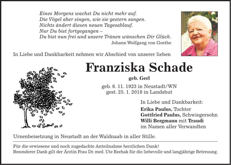 Traueranzeige Franziska Schade