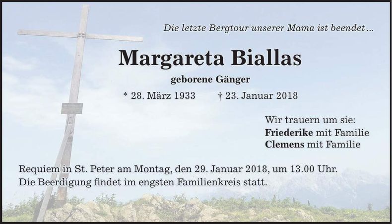 Traueranzeige Margareta Biallas