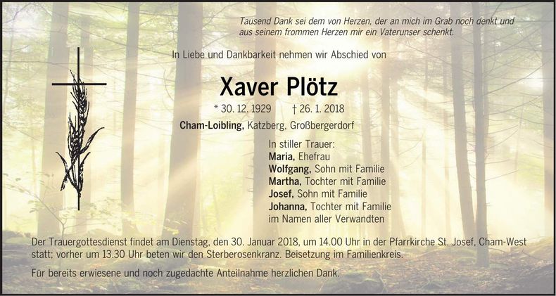 Traueranzeige Xaver Plötz