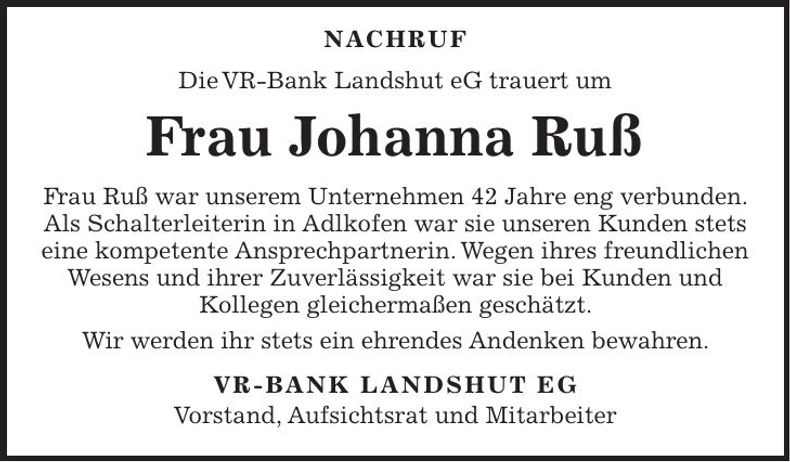 Traueranzeige Johanna Ruß