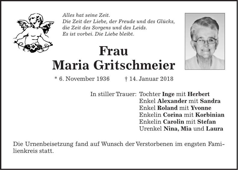 Traueranzeige Maria Gritschmeier