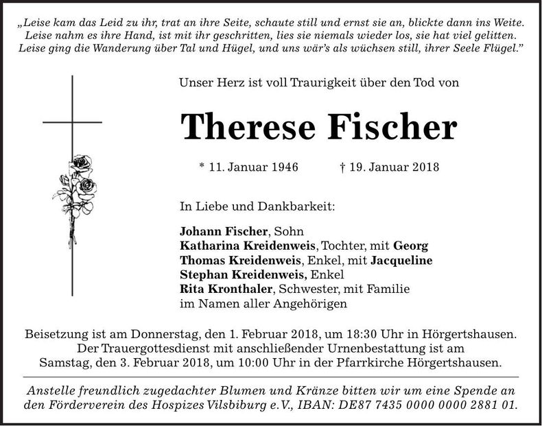 Traueranzeige Therese Fischer