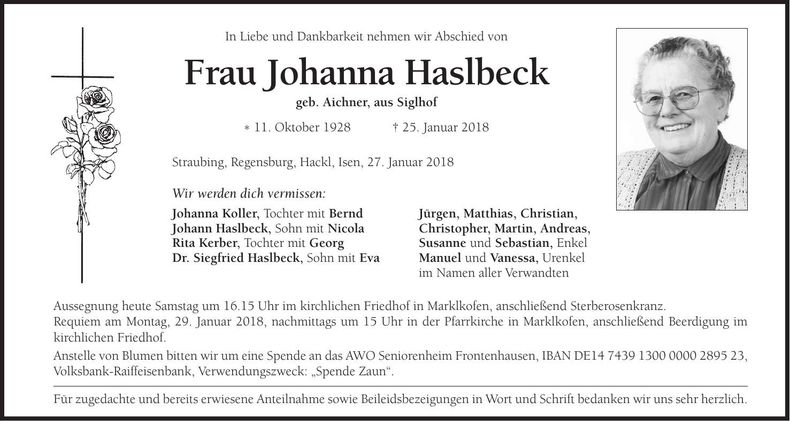 Traueranzeige Johanna Haslbeck