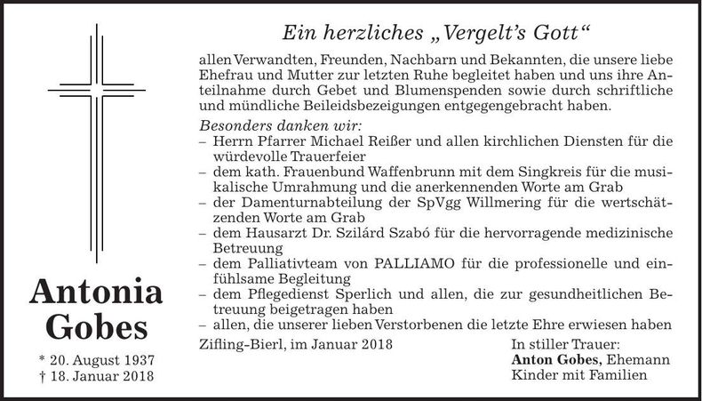 Traueranzeige Antonia Gobes