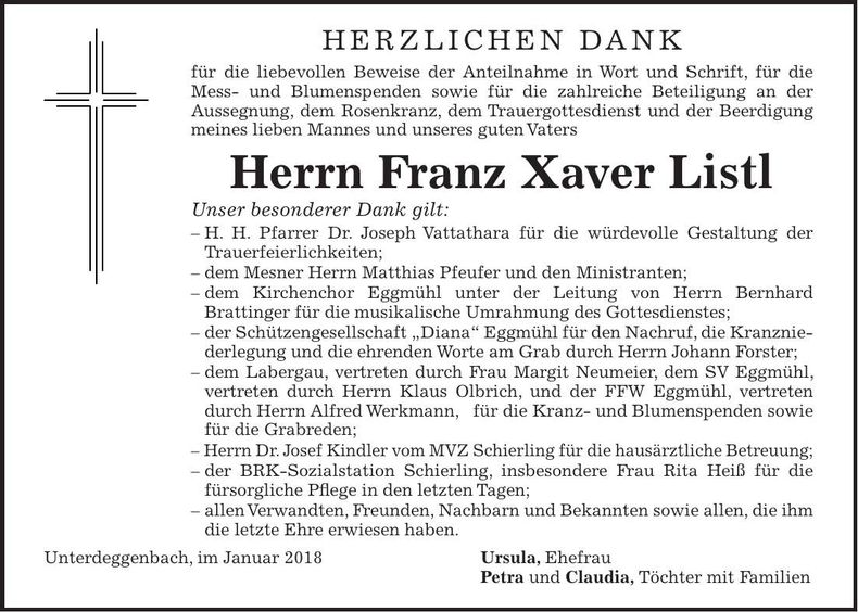 Traueranzeige Franz Xaver Listl