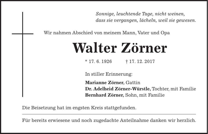 Traueranzeige Walter Zörner