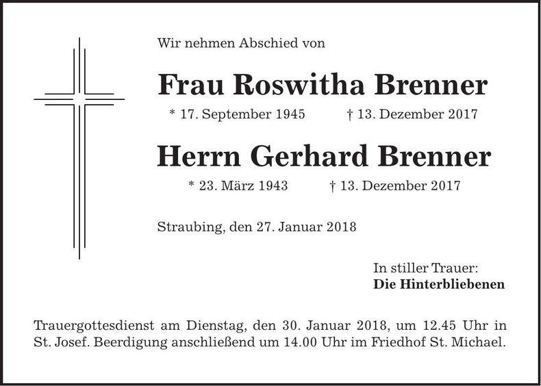 Traueranzeige Roswitha Brenner